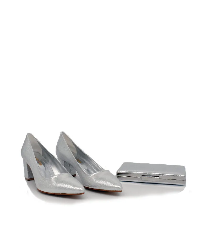 Stylish Silver Block Heels and Matching Bag