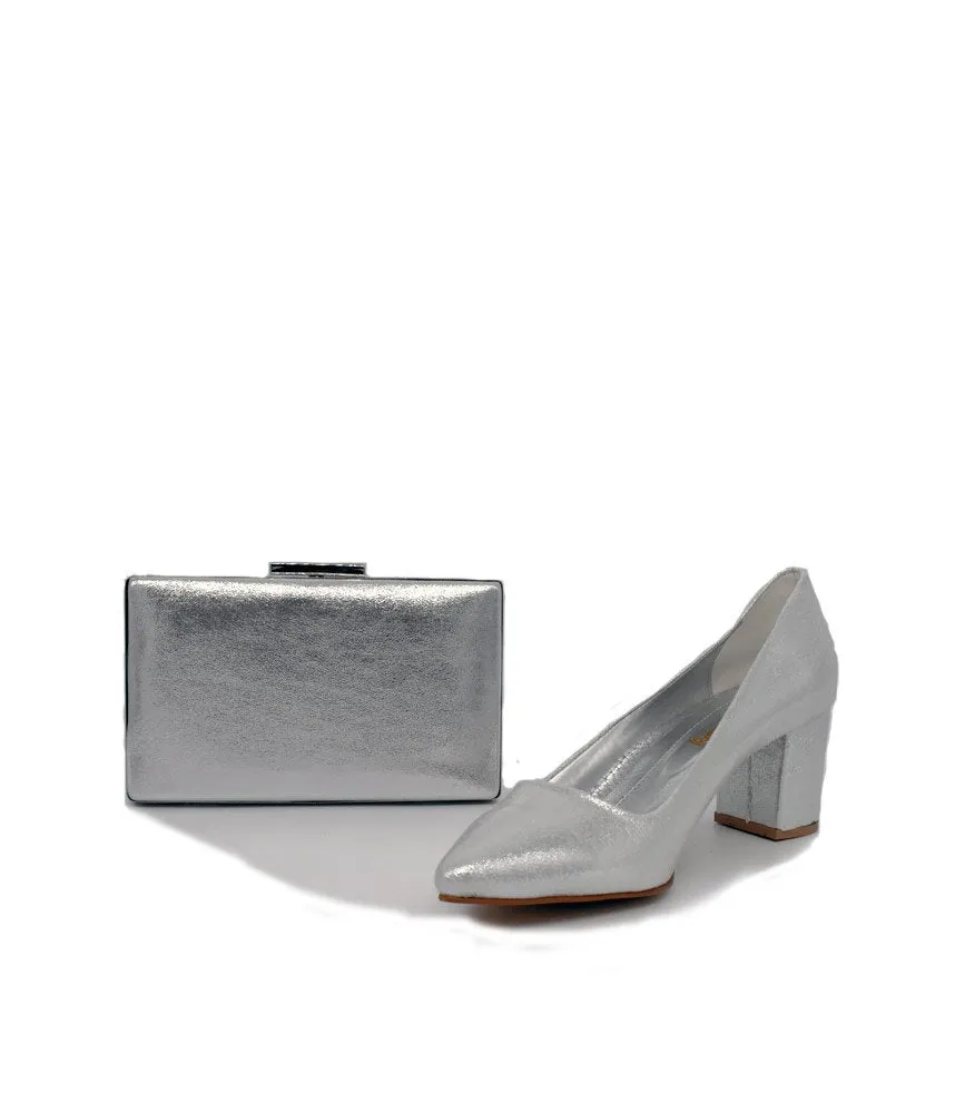 Stylish Silver Block Heels and Matching Bag