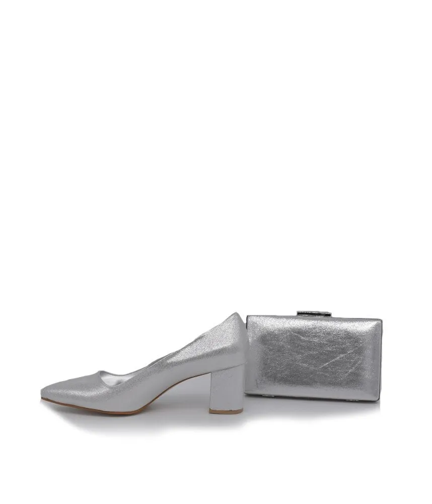 Stylish Silver Block Heels and Matching Bag