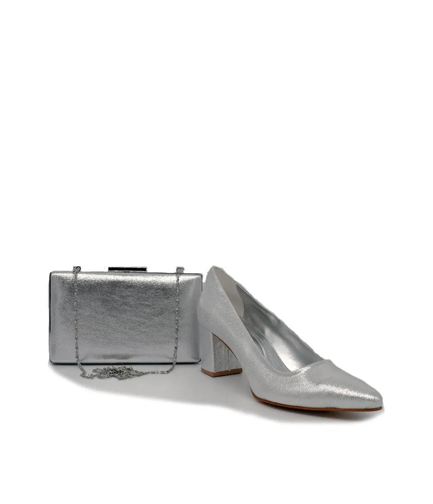 Stylish Silver Block Heels and Matching Bag