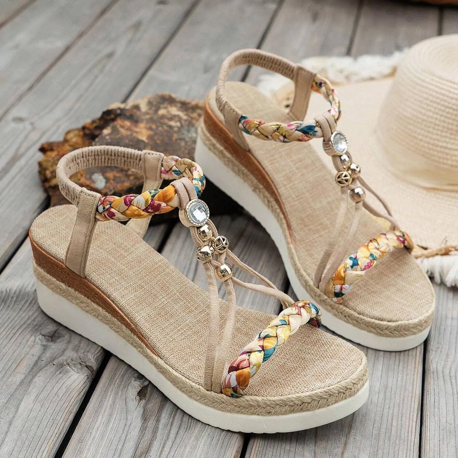 Summer Sandals for Women 2025 Trendy Womens Low Wedge Heels Sandal Platform Dressy Comfort Walking Non Slip Casual Beach Shoes Ankle Elastic Bohemian Woven Shoe
