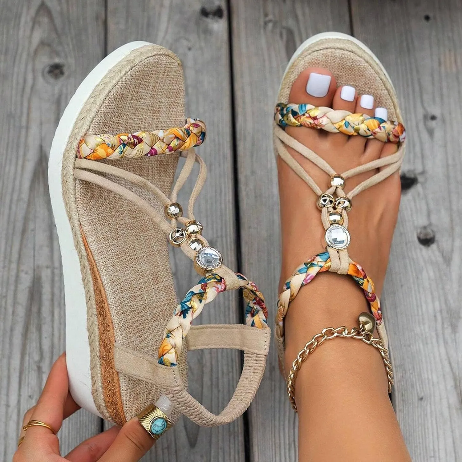 Summer Sandals for Women 2025 Trendy Womens Low Wedge Heels Sandal Platform Dressy Comfort Walking Non Slip Casual Beach Shoes Ankle Elastic Bohemian Woven Shoe