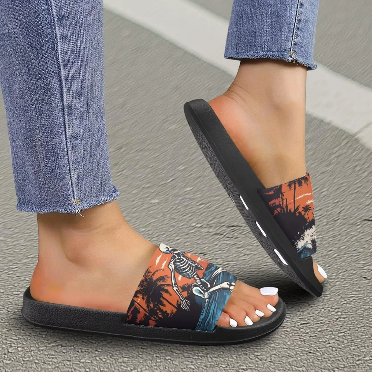 Summer Trends Slide Sandals for Women Comfortable Bathroom Shower Non Slip Sandal House Flat Sole Slippers Black Size 5-12.5