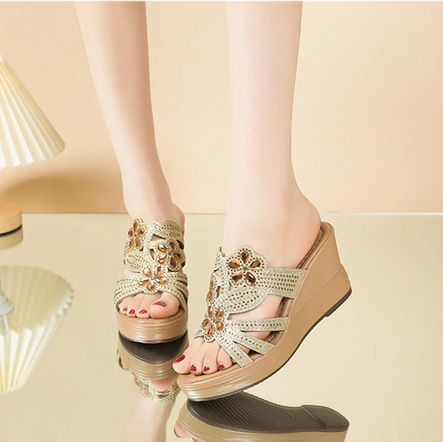 Summer Wedge Sandals for Women Dressy Casual High Heel Slides Comfort Platform Slide Sandal Beach Shoes Mules