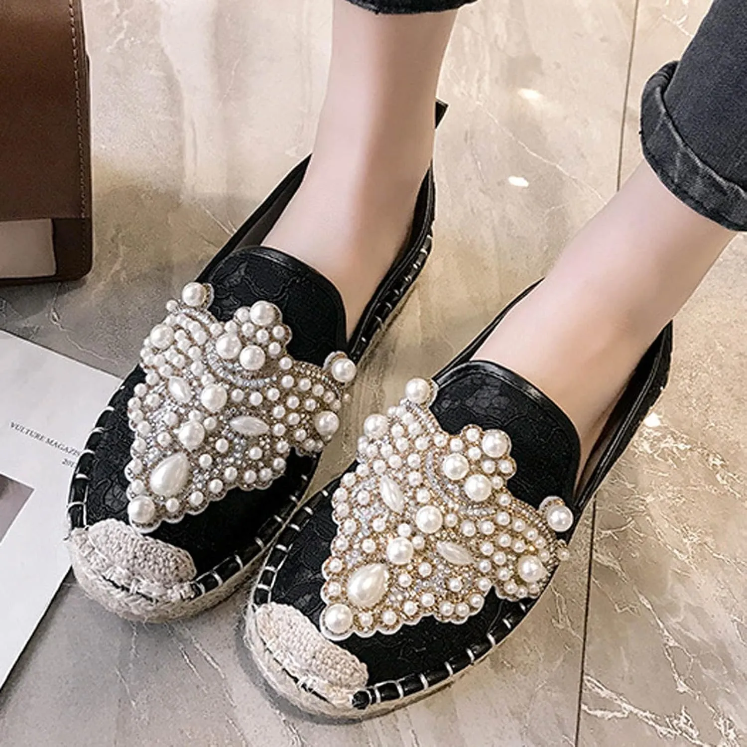 Summer Womens Pearl Flat Shoes Fashion Casual Round Toe Closed Toe Slip-on Shoes Lightweight Comfortable Ladies Loafers Zapatos De Mujer