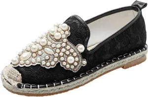 Summer Womens Pearl Flat Shoes Fashion Casual Round Toe Closed Toe Slip-on Shoes Lightweight Comfortable Ladies Loafers Zapatos De Mujer