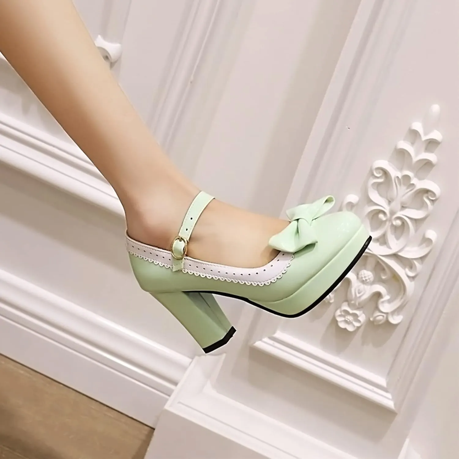 Sungtin Women's Sweet Kawaii Bow Lolita High Heels,Vintage Ankle Buckle Chunky Heels Pumps Mary Jane Platform Shoes