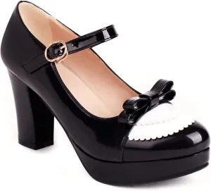 Sungtin Women's Sweet Kawaii Bow Lolita High Heels,Vintage Ankle Buckle Chunky Heels Pumps Mary Jane Platform Shoes