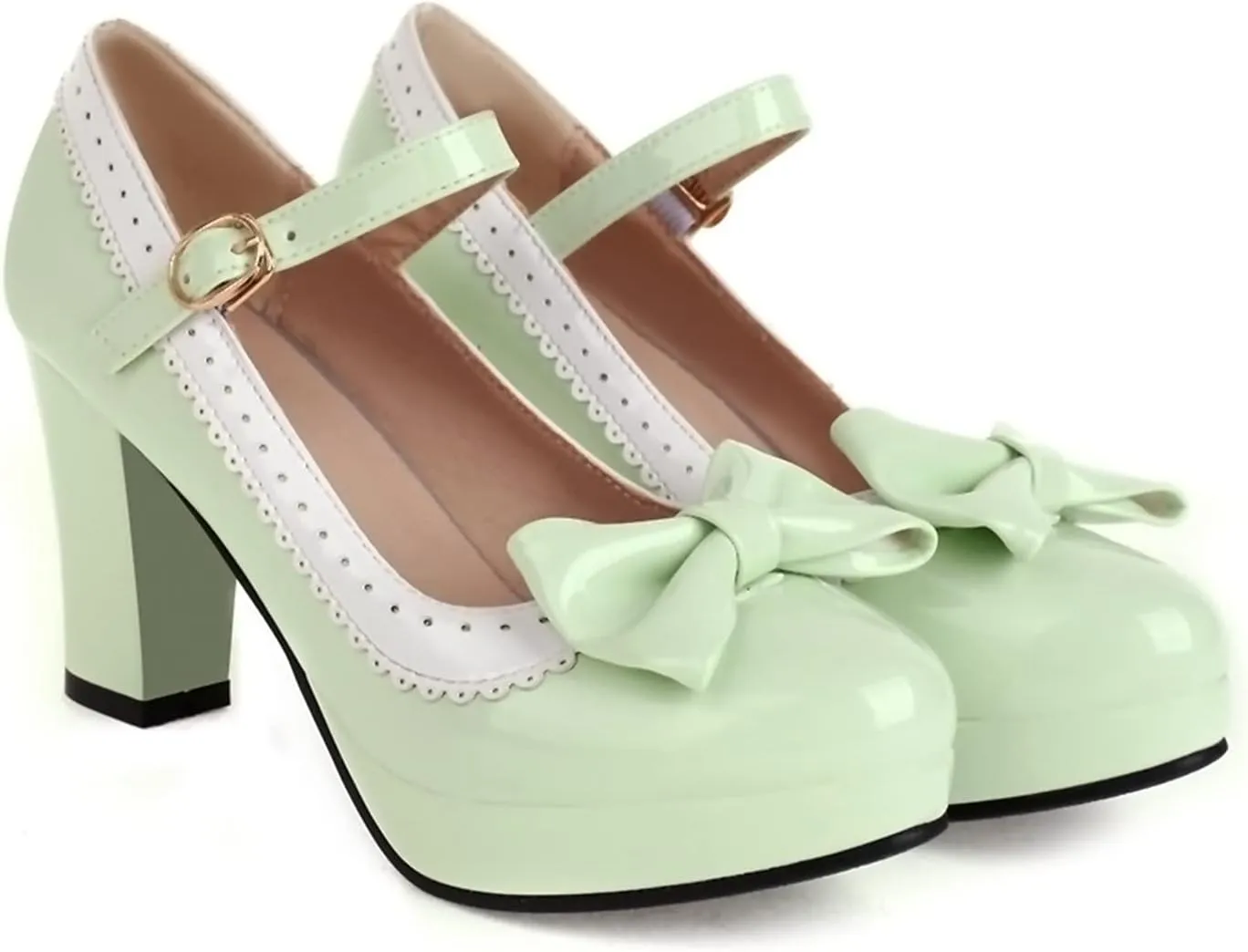 Sungtin Women's Sweet Kawaii Bow Lolita High Heels,Vintage Ankle Buckle Chunky Heels Pumps Mary Jane Platform Shoes