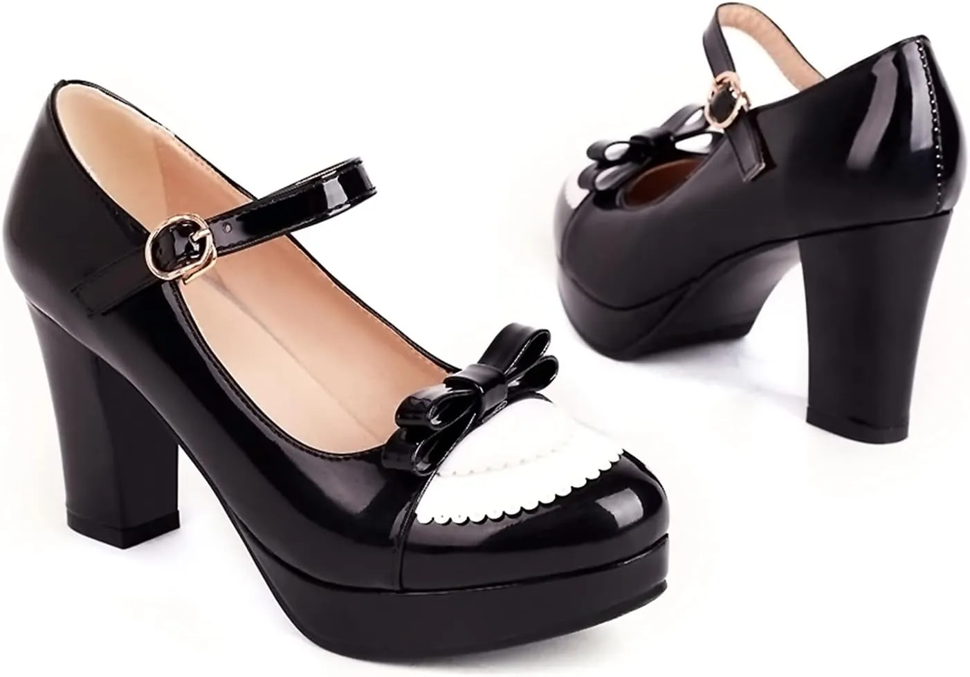 Sungtin Women's Sweet Kawaii Bow Lolita High Heels,Vintage Ankle Buckle Chunky Heels Pumps Mary Jane Platform Shoes
