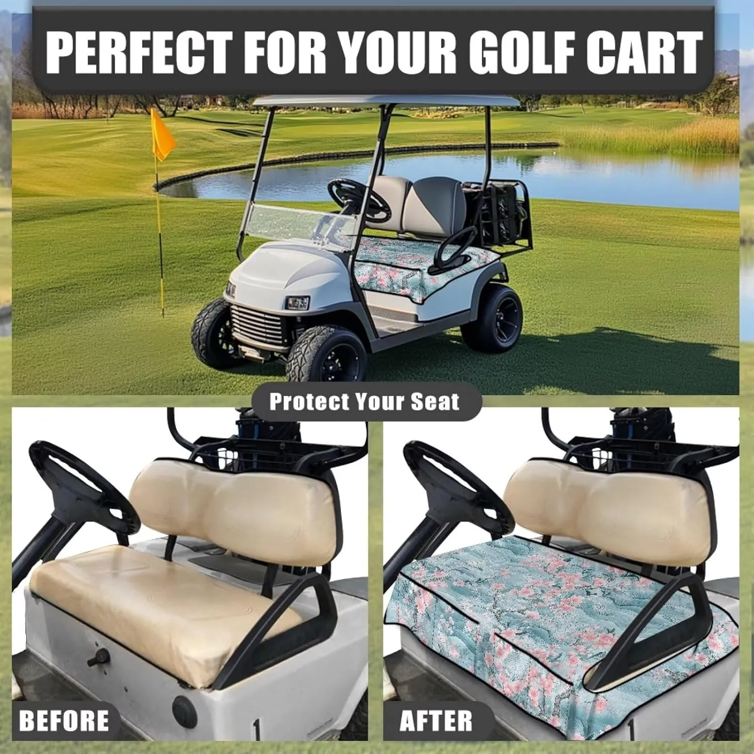 Suobstales Golf Cart Seat Covers Breathable Golf Cart Seat Blanket Towel for Club Car EZGO TXT RXV Golf Carts with 4 Pockets