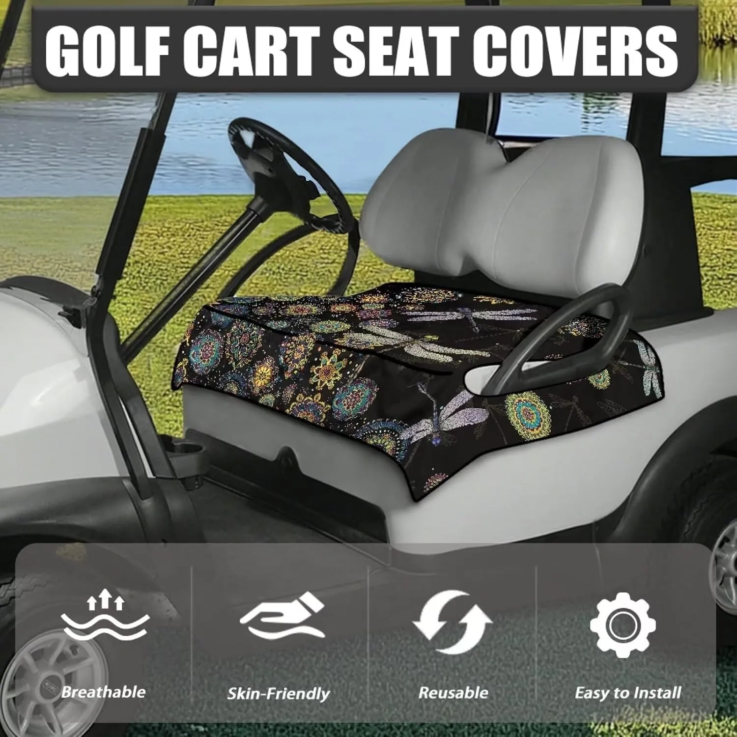 Suobstales Golf Cart Seat Covers Breathable Golf Cart Seat Blanket Towel for Club Car EZGO TXT RXV Golf Carts with 4 Pockets