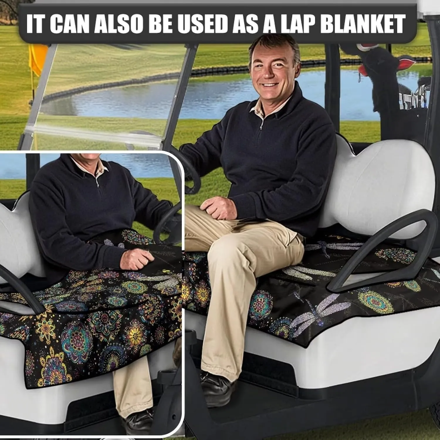 Suobstales Golf Cart Seat Covers Breathable Golf Cart Seat Blanket Towel for Club Car EZGO TXT RXV Golf Carts with 4 Pockets