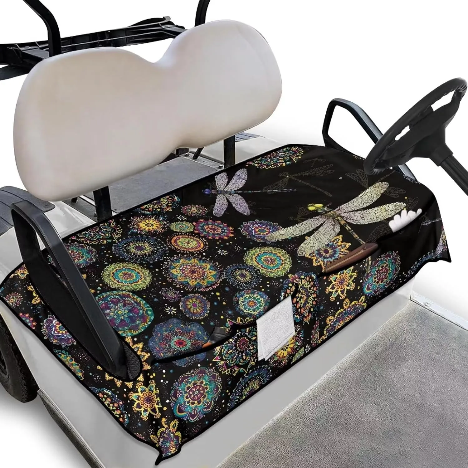 Suobstales Golf Cart Seat Covers Breathable Golf Cart Seat Blanket Towel for Club Car EZGO TXT RXV Golf Carts with 4 Pockets