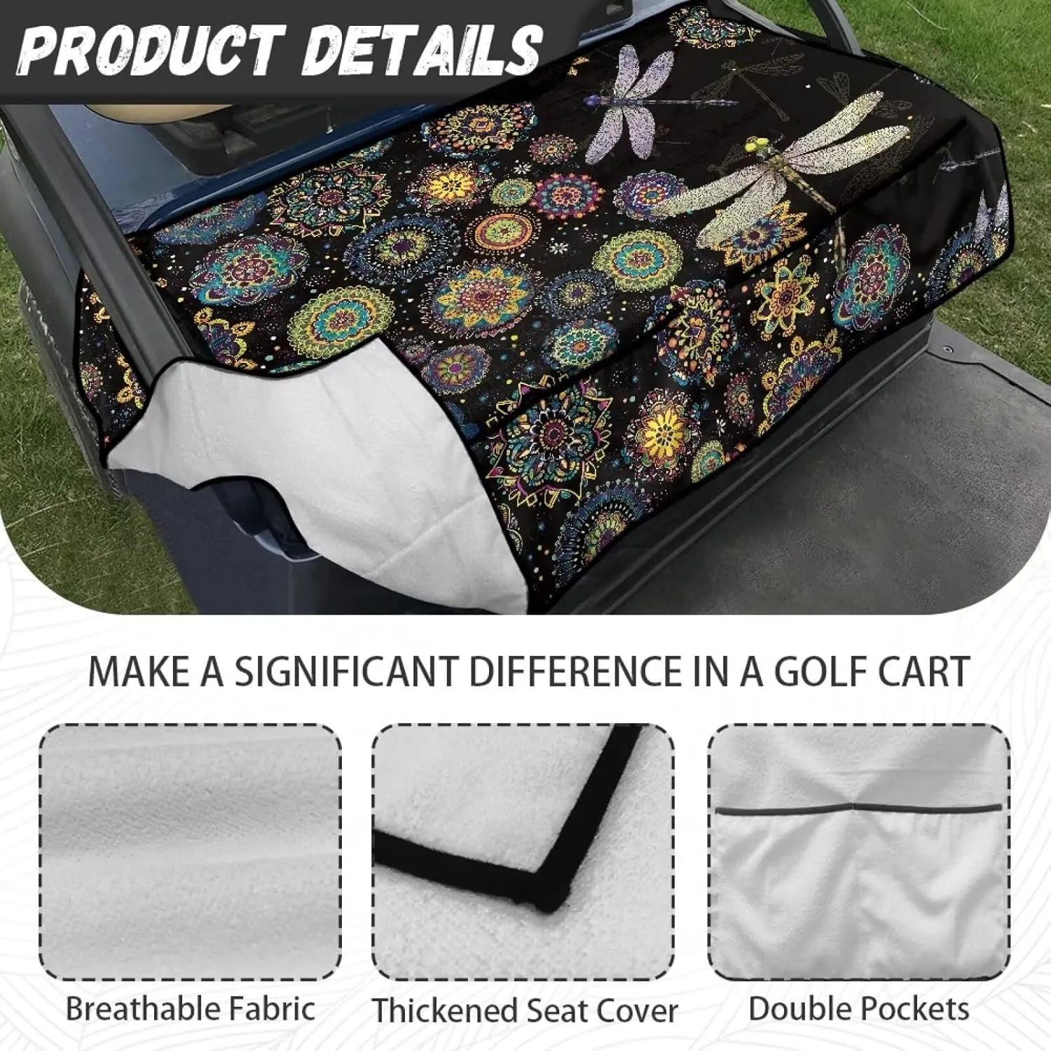 Suobstales Golf Cart Seat Covers Breathable Golf Cart Seat Blanket Towel for Club Car EZGO TXT RXV Golf Carts with 4 Pockets