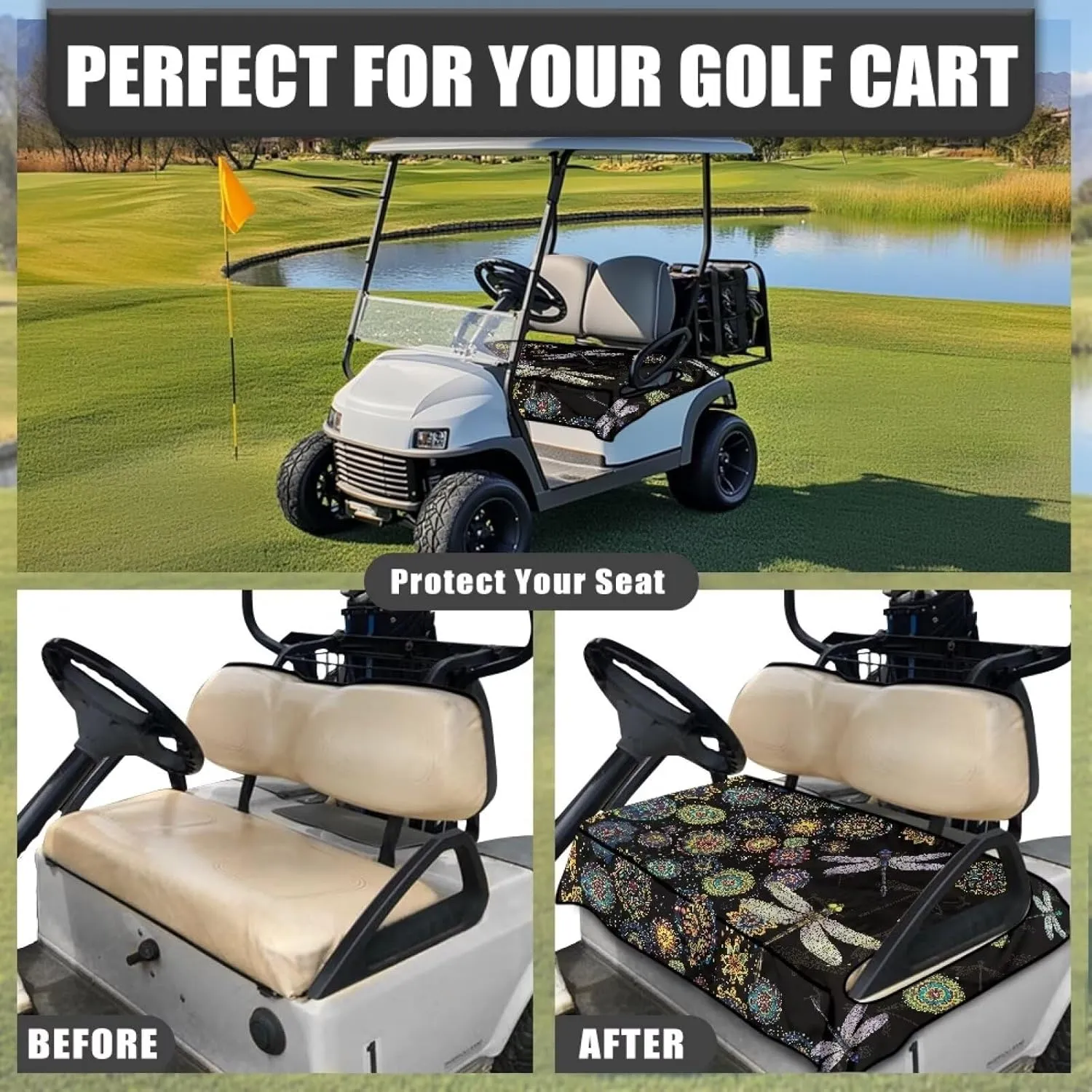 Suobstales Golf Cart Seat Covers Breathable Golf Cart Seat Blanket Towel for Club Car EZGO TXT RXV Golf Carts with 4 Pockets