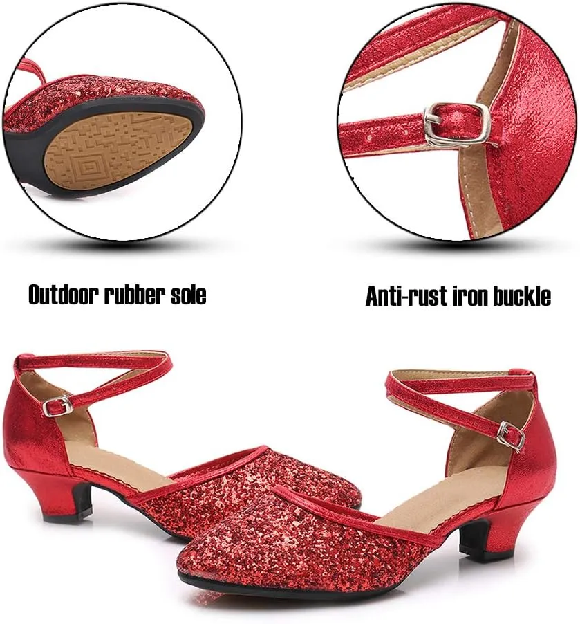 SWDZM Glitter Women Latin Dance Shoes Closed Toe Ballroom Salsa Dance Heels Party Dress Shoes