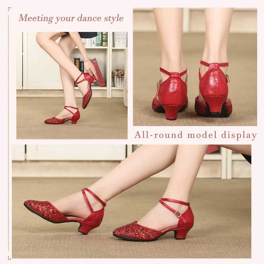 SWDZM Glitter Women Latin Dance Shoes Closed Toe Ballroom Salsa Dance Heels Party Dress Shoes