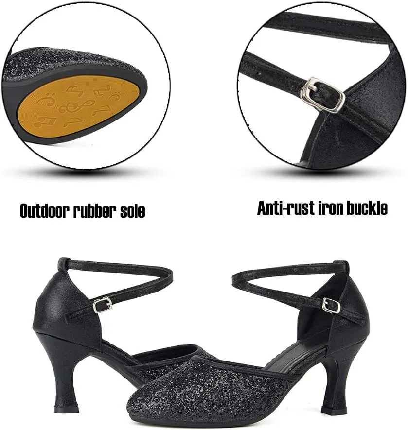 SWDZM Glitter Women Latin Dance Shoes Closed Toe Ballroom Salsa Dance Heels Party Dress Shoes