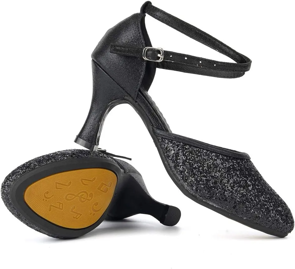 SWDZM Glitter Women Latin Dance Shoes Closed Toe Ballroom Salsa Dance Heels Party Dress Shoes