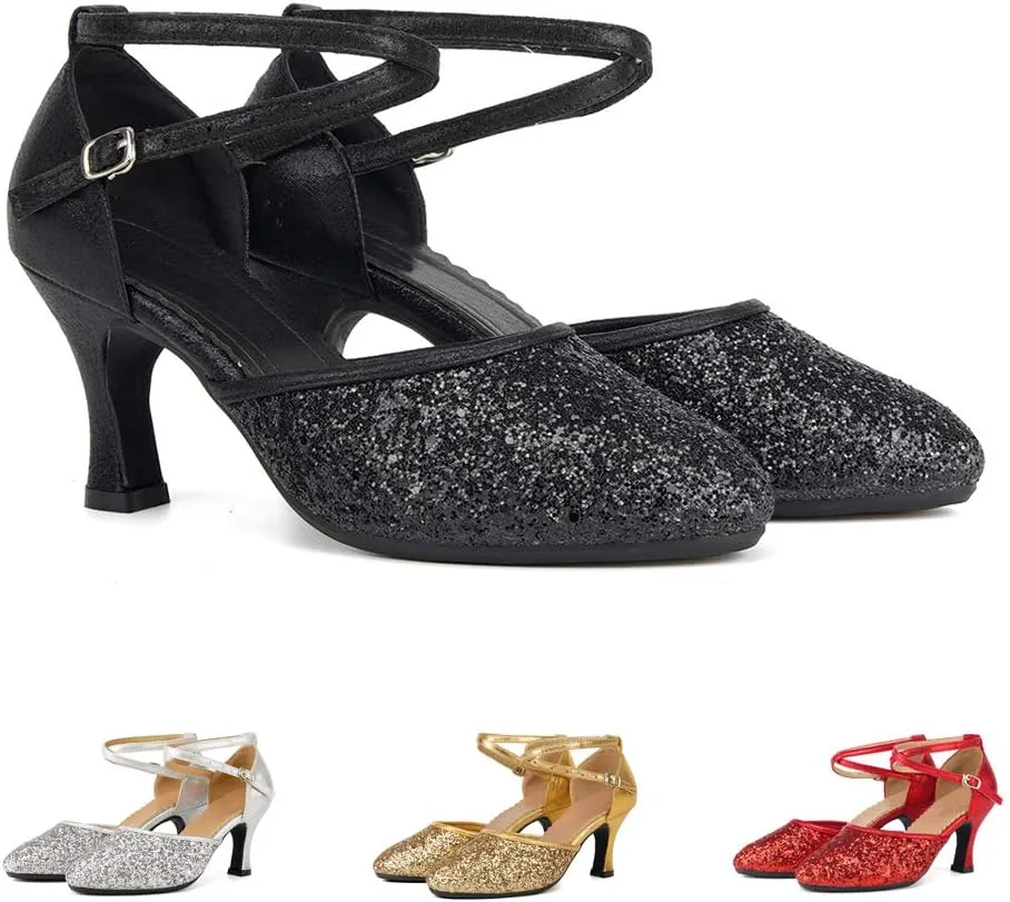 SWDZM Glitter Women Latin Dance Shoes Closed Toe Ballroom Salsa Dance Heels Party Dress Shoes