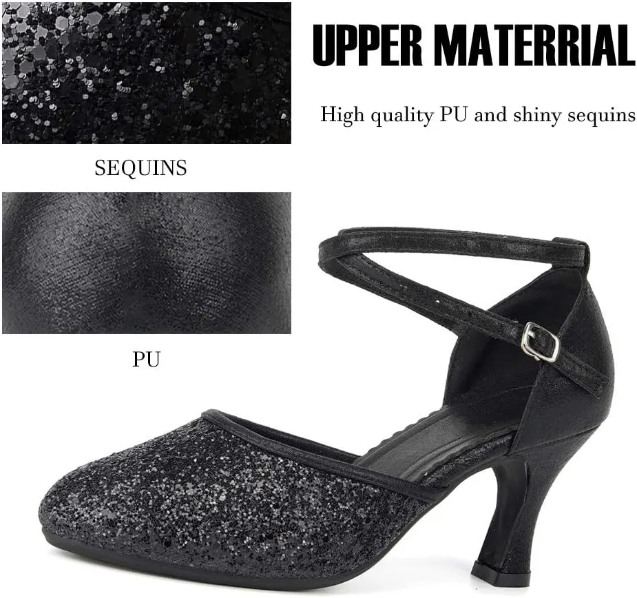 SWDZM Glitter Women Latin Dance Shoes Closed Toe Ballroom Salsa Dance Heels Party Dress Shoes