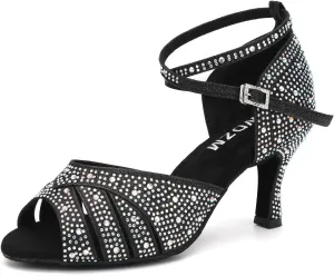 SWDZM Women Rhinestone Ballroom Dance Shoes Latin Salsa Performance Dancing Shoes,Black,Heel 3 inch,Suede Sole,6.5 US