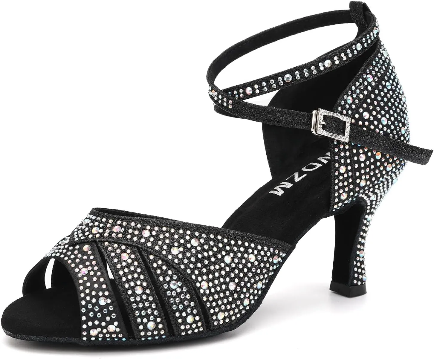 SWDZM Women Rhinestone Ballroom Dance Shoes Latin Salsa Performance Dancing Shoes,Black,Heel 3 inch,Suede Sole,9 US