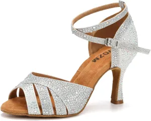 SWDZM Women Rhinestone Ballroom Dance Shoes Latin Salsa Performance Dancing Shoes,Silver,Heel 3 inch,Suede Sole,7.5 US