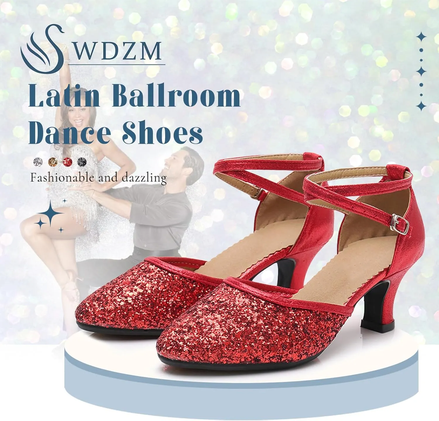 SWDZM Womens Glitter Ballroom Dance Shoes Latin Salsa Tango Dancing Heels Closed Toe Party Performance Wedding Shoes