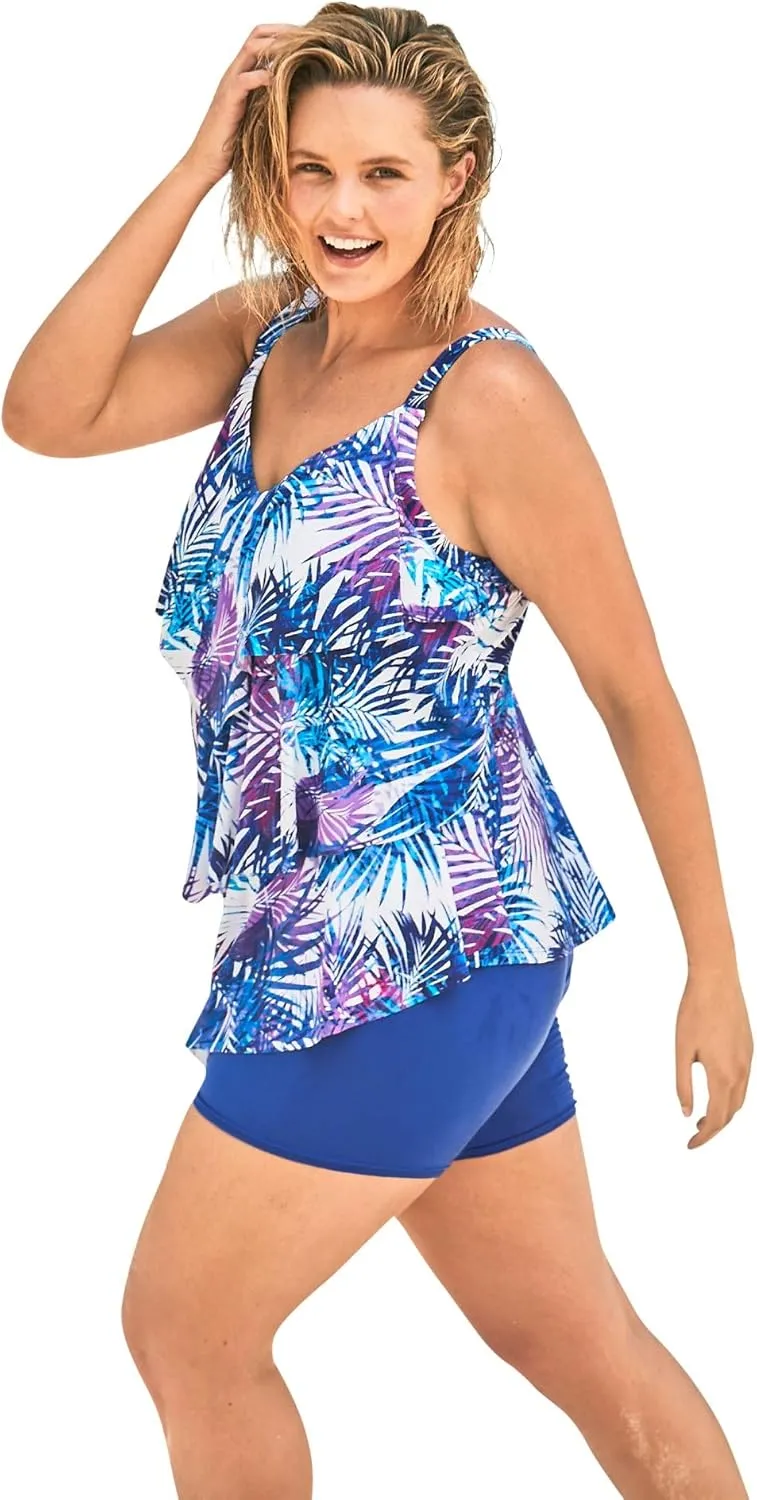 Swim 365 Women's Plus Size Longer-Length Tiered-Ruffle Tankini Top