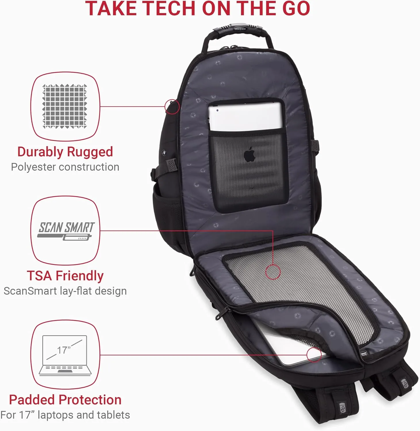 SwissGear 1900 Scansmart TSA 17 Laptop Backpack, Black/Black, 19-Inch