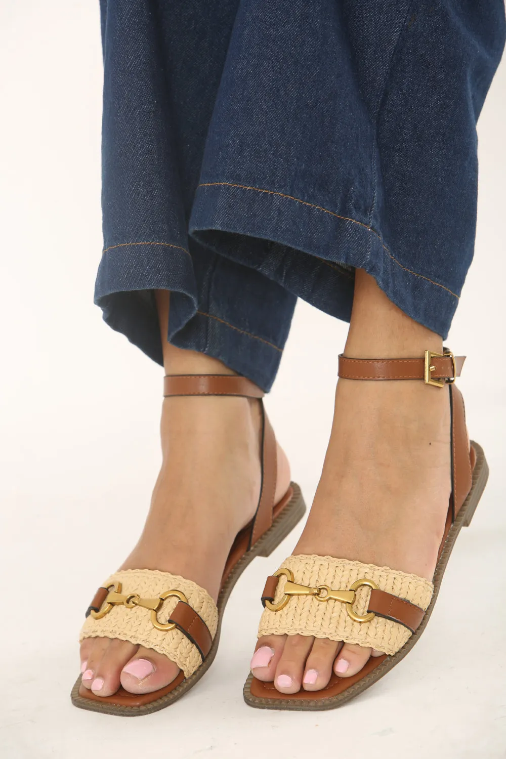 Tan Pu Straw Detail Strap Sandals With Buckle Closure