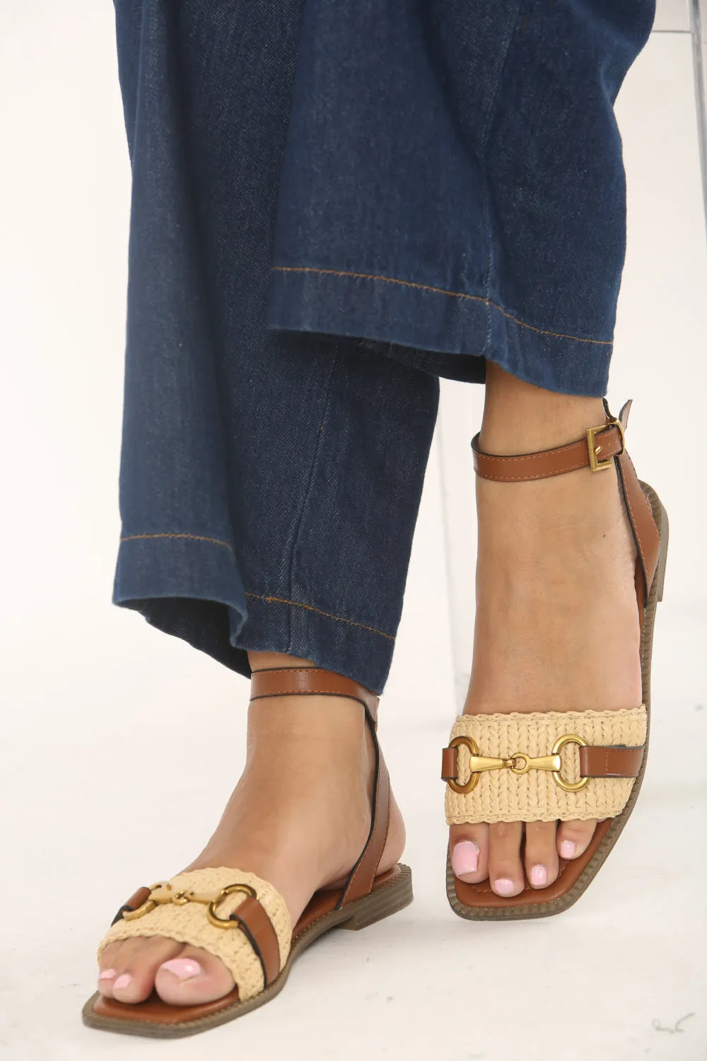 Tan Pu Straw Detail Strap Sandals With Buckle Closure