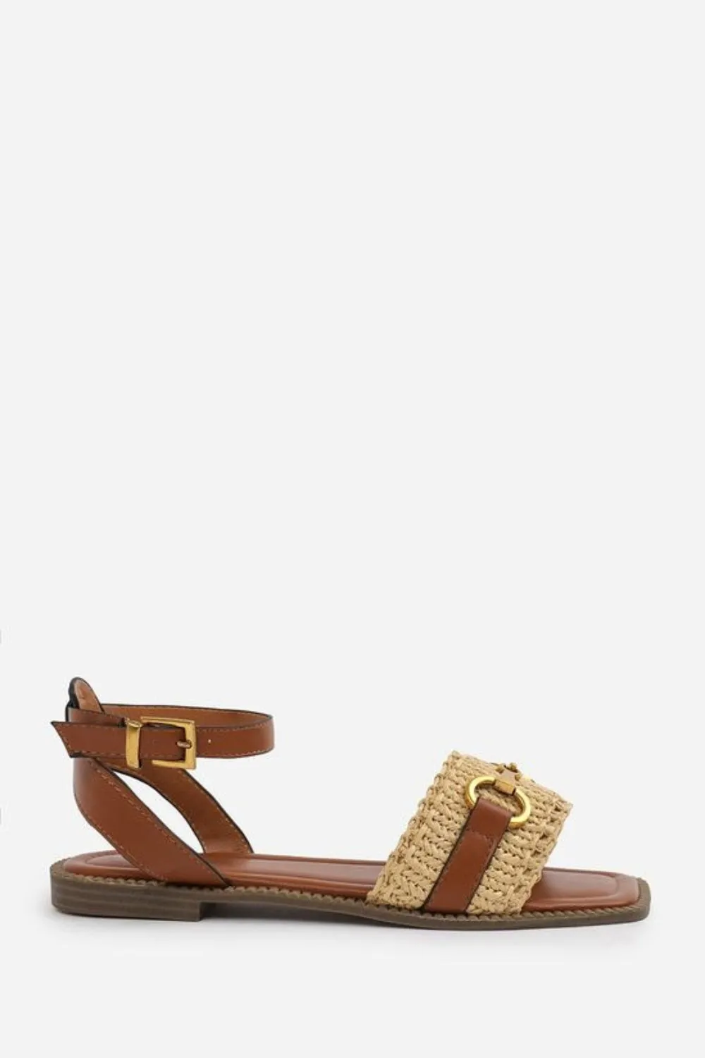 Tan Pu Straw Detail Strap Sandals With Buckle Closure