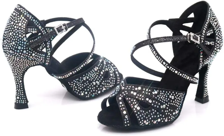 TDA Women's Peep Toe Cross Strap Glitter Synthetic Rhinestones Salsa Tango Social Latin Modern Wedding Dance Shoes