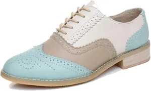 TDA Women's Perforated Wingtip Lace-up Synthetic Leather Dress Vintage Oxford Flat Shoes