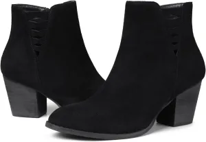 TEMOFON Ankle Boots for Women Chelsea: Black Pointed Toe Wide Slip On Short Booties Suede Shoes with Cut Out Side Zipper and Block Chunky Mid Heel Size 8