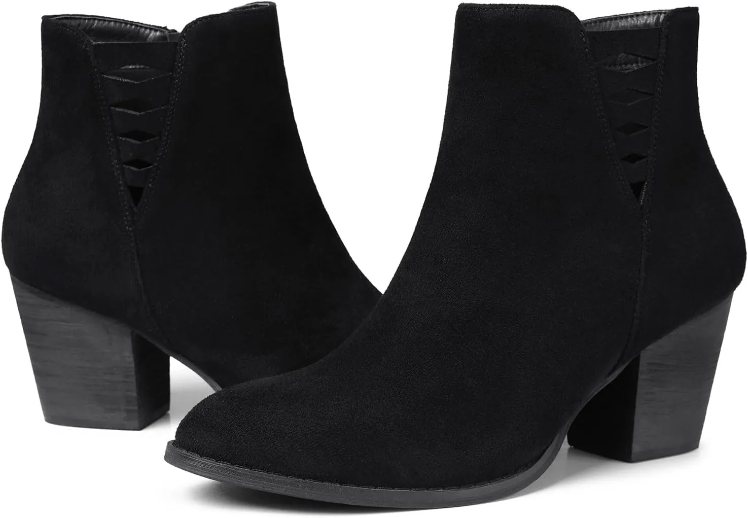 TEMOFON Ankle Boots for Women Chelsea: Black Pointed Toe Wide Slip On Short Booties Suede Shoes with Cut Out Side Zipper and Block Chunky Mid Heel Size 8