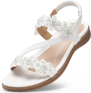 TEMOFON Sandals for Women Flat Dressy: Summer Flower Sandals with Ankle Strap Comfortable Casual Walking Flat Sandals Size 5-11