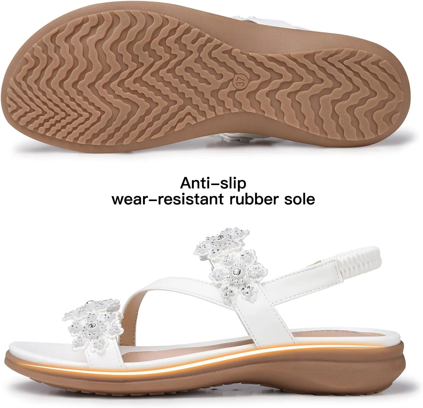 TEMOFON Sandals for Women Flat Dressy: Summer Flower Sandals with Ankle Strap Comfortable Casual Walking Flat Sandals Size 5-11