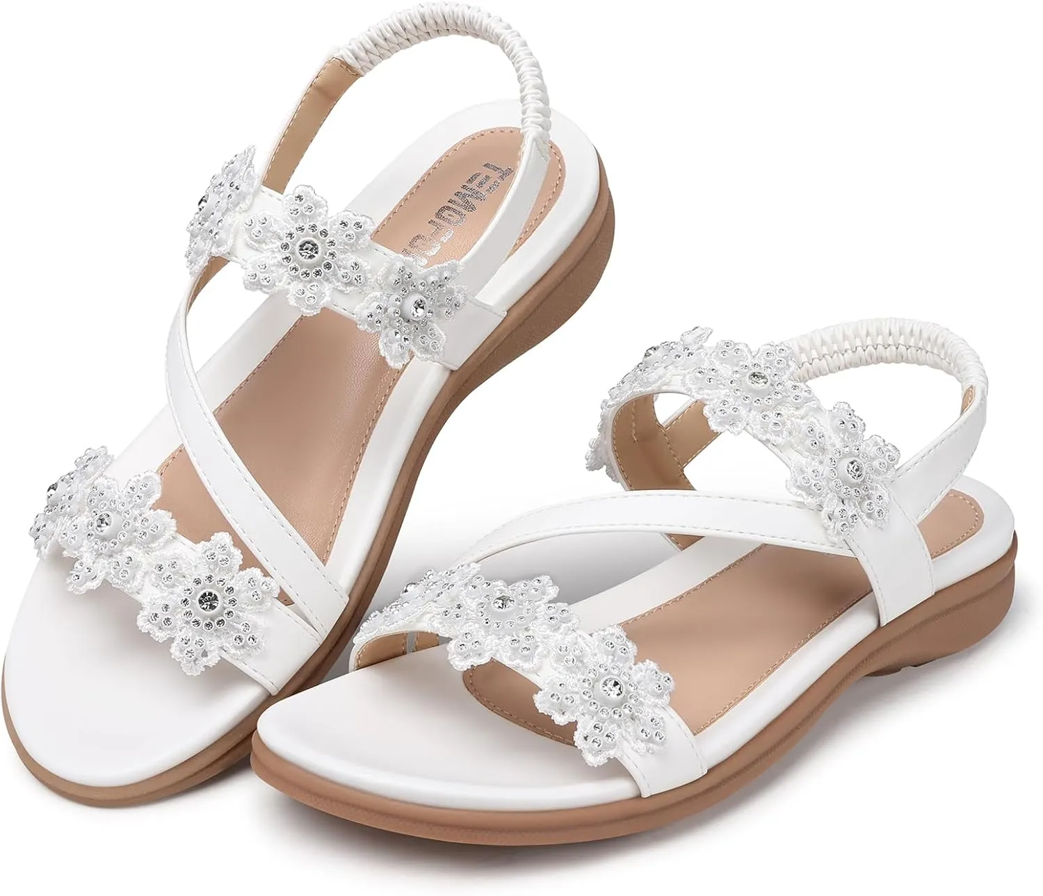 TEMOFON Sandals for Women Flat Dressy: Summer Flower Sandals with Ankle Strap Comfortable Casual Walking Flat Sandals Size 5-11
