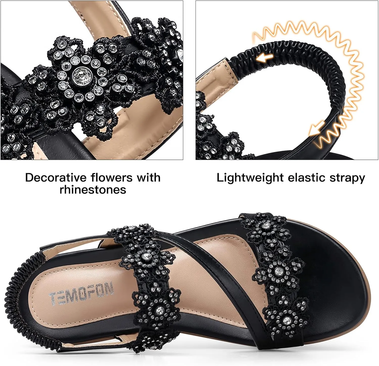 TEMOFON Sandals for Women Flat Dressy: Summer Flower Sandals with Ankle Strap Comfortable Casual Walking Flat Sandals Size 5-11