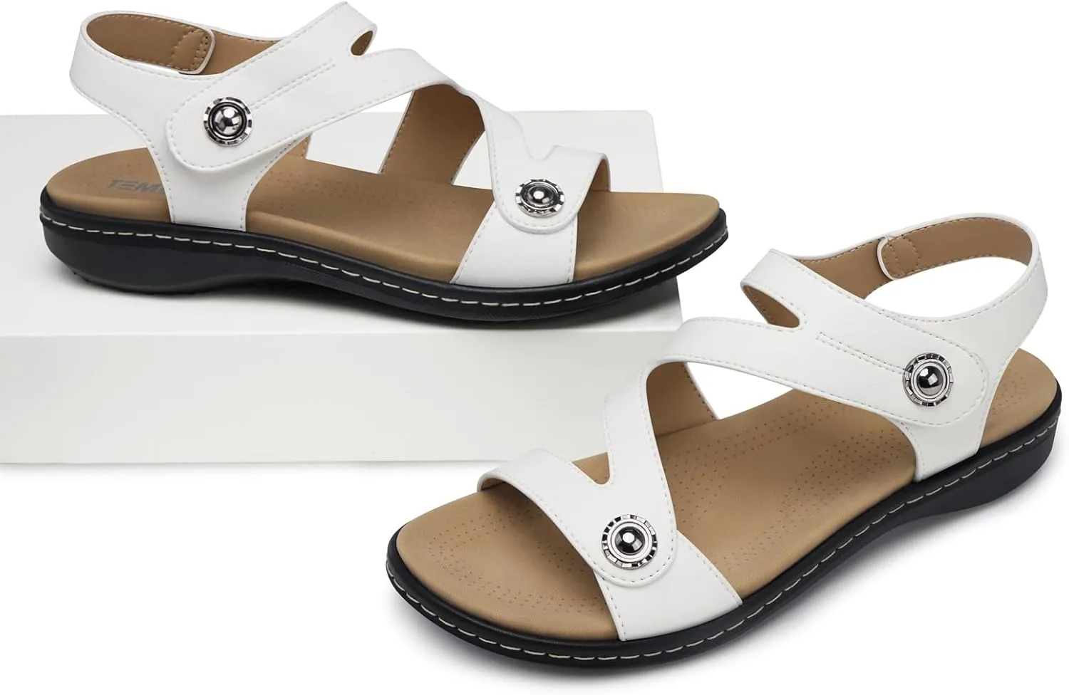 TEMOFON Womens Sandals Dressy Summer: Open Toe Comfortable Walking Flat - Arch Support Flat Sandals Size 5-11