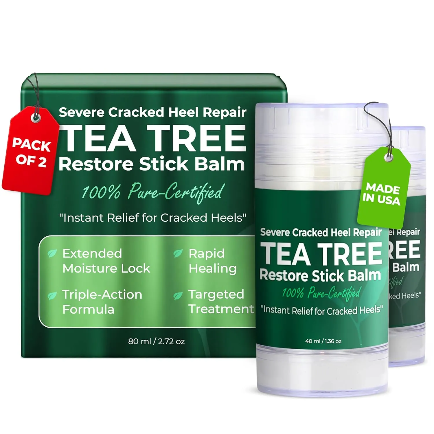 Terramed Just Think Comfort Tea Tree Heel Repair Balm Stick | Instant Relief for Cracked Heels | Deep Moisturizing Foot Balm for Dry, Rough Skin | Easy to Use | Fast-Acting Formula | 2.72 oz