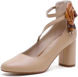 TinaCus Handmade Women's Elegant Genuine Leather Décor Flower Ankle Strap Round Toe High Block Heel Pumps Shoes