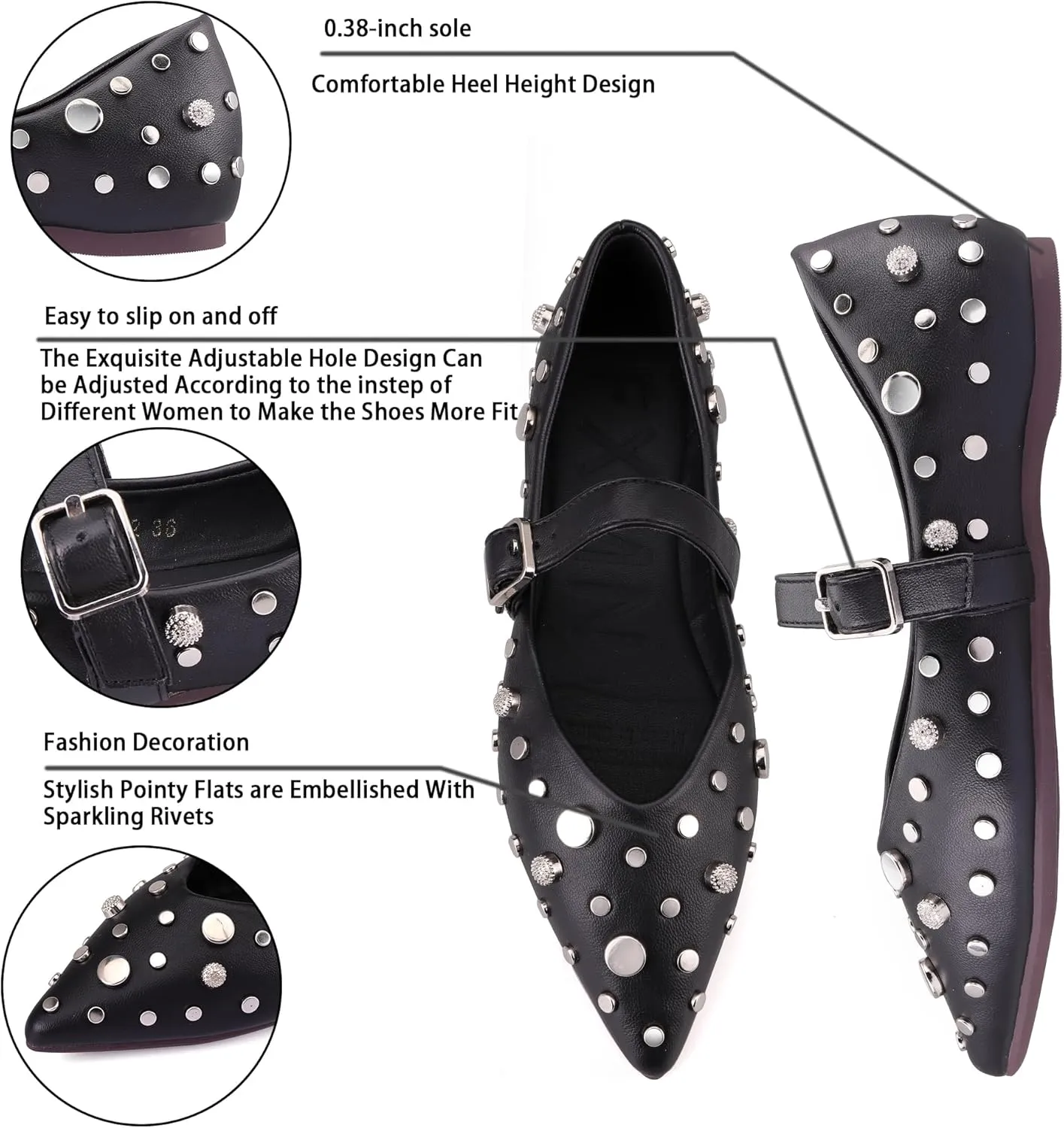 TLJIANG Women's Flat Shoes 2024 New All-Match Flat Shoes Fashion Rivet Decorative Comfortable Flat Shoes