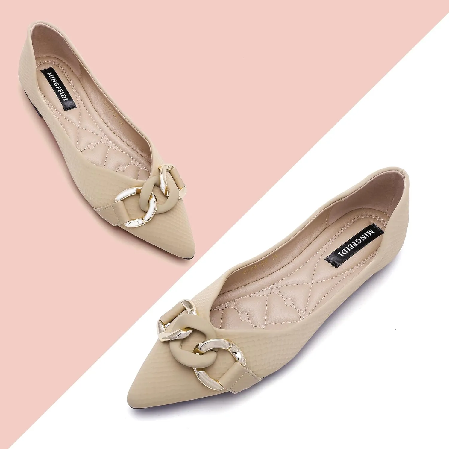 TLJIANG Women's Pointed Flat Shoes Cute Chain Comfortable Leather Flat Shoes Ballet