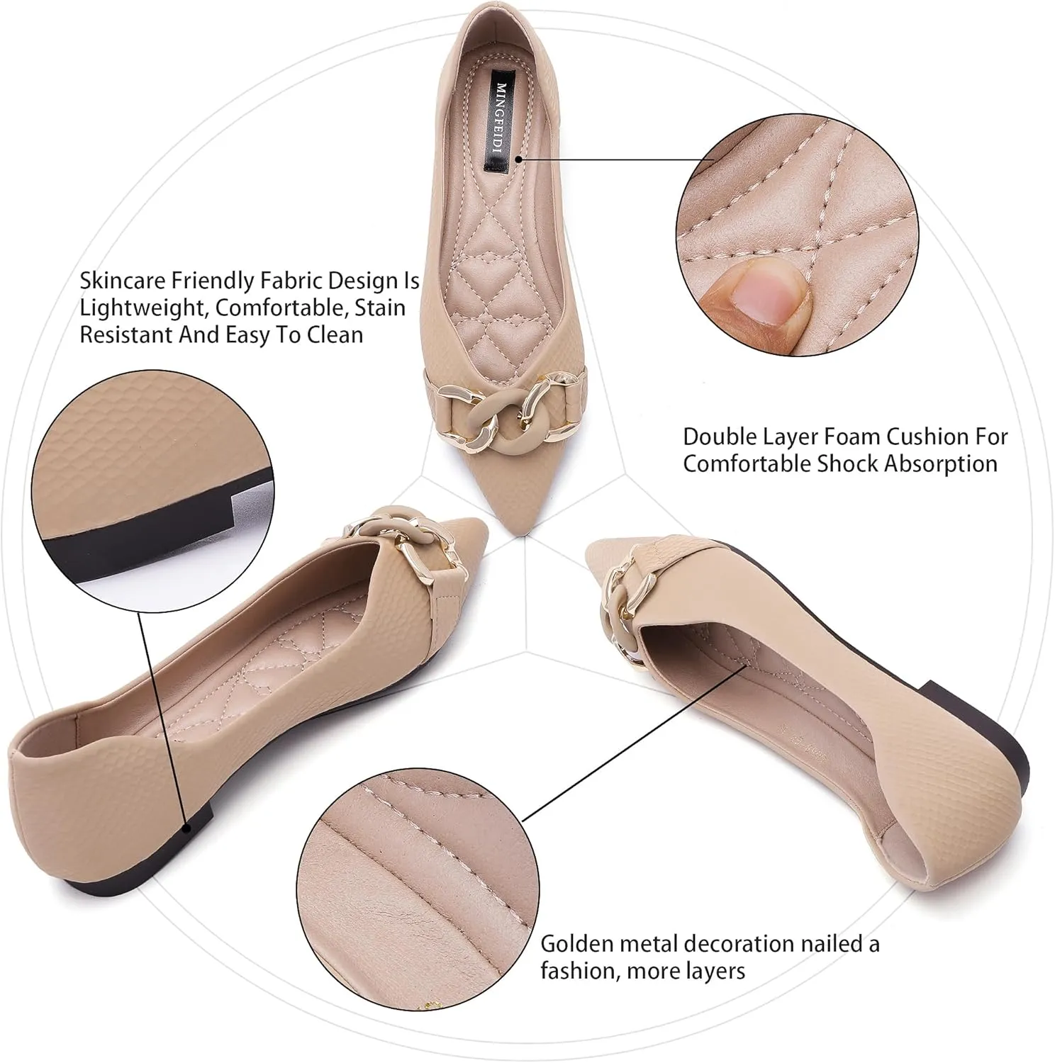 TLJIANG Women's Pointed Flat Shoes Cute Chain Comfortable Leather Flat Shoes Ballet