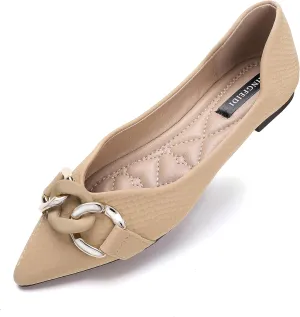TLJIANG Women's Pointed Flat Shoes Cute Chain Comfortable Leather Flat Shoes Ballet